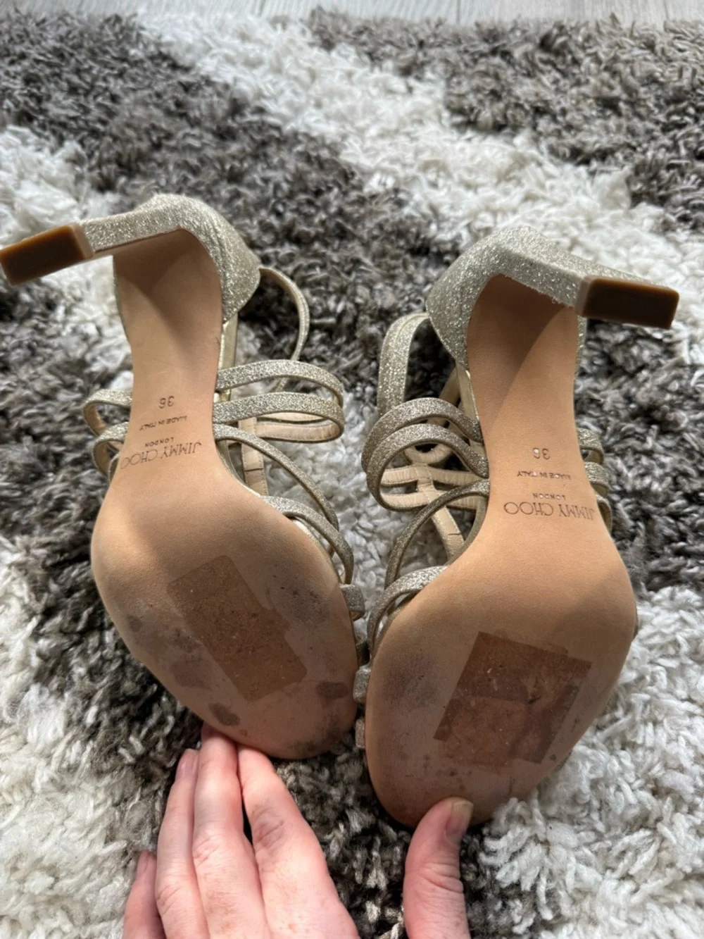 Jimmy Choo Gold Glitter Strappy Block Heel Sandals - Picture 9 of 9